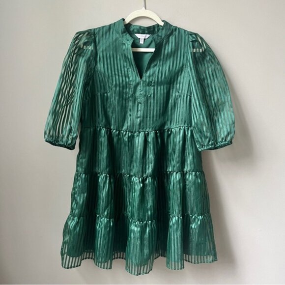 Crown & Ivy Dress Women's Small Hunter Green Stripes Tiered Holiday Party Preppy - Picture 1 of 12